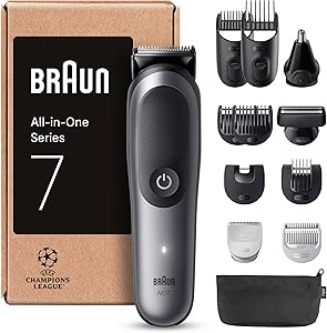 Braun Rifinitore All-In-One Series 7, Rasoio Elettrico Barba 12In1, Taglia Peli Naso E Orecchie, Macchinetta Per Capelli, Lama ProBlade, Tecnologia AutoSense, Wet&Dry, AIO7545, Grigio