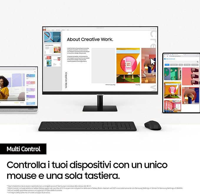 Samsung Smart Monitor M7 (S32DM702), Flat 32'', 3840x2160 (UHD 4K), Smart Hub con app di streaming, Office 365, Gaming Hub, Speaker integrati, Telecomando, WiFi, HDMI, USB-C