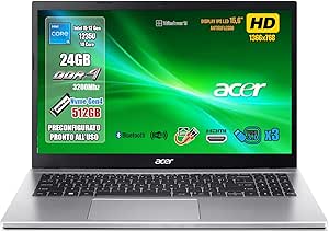 Acer Aspire 3 PC Notebook Portatile Processore Intel Core i5-1235U, RAM 24GB DDR4, 512GB PCIe NVMe SSD, 15.6" HD LED LCD, Intel Iris Xe, W11 Pro, Garanzia 2 anni