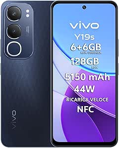 VIVO Y19s, Smartphone 6+6GB RAM, 128GB ROM, Cameraphone 50MP, AI modalità notte, 6.68”, 44W Ricarica veloce, Batteria da 5150 mAh, NFC, Dual SIM, Luce Dinamica, IP64, nero