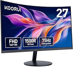 KOORUI Monitor 27 Pollici Curvo (1500R), Full HD (1920x1080), VA, 75 Hz, 5 ms, HDMI, VGA, Gaming Monitor, Eye Saver Mode, Flicker Safe, Nero, 27N5CA