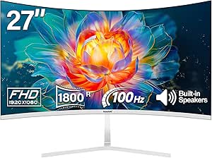 Gawfolk 27" Curvo Gaming Monitor 100Hz Full HD 1080P Schermo PC con Speaker Integrati Design Senza Cornice 1800R Supporto VESA/HDMI