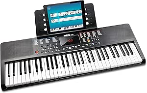 RockJam Tastiera compatta a 61 tasti con supporto per spartiti, alimentatore, adesivi per note per pianoforte e Simply Piano Lessons, Schwarz