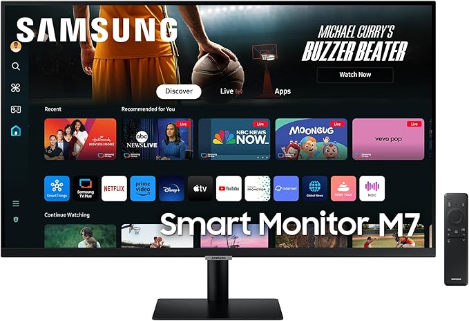 Samsung Smart Monitor M7 (S32DM702), Flat 32'', 3840x2160 (UHD 4K), Smart Hub con app di streaming, Office 365, Gaming Hub, Speaker integrati, Telecomando, WiFi, HDMI, USB-C