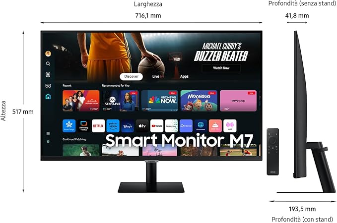 Samsung Smart Monitor M7 (S32DM702), Flat 32'', 3840x2160 (UHD 4K), Smart Hub con app di streaming, Office 365, Gaming Hub, Speaker integrati, Telecomando, WiFi, HDMI, USB-C
