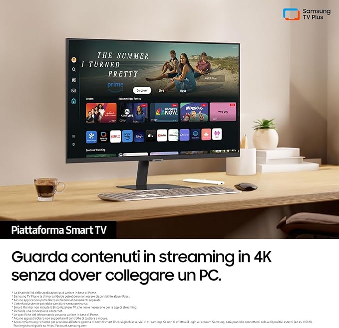 Samsung Smart Monitor M7 (S32DM702), Flat 32'', 3840x2160 (UHD 4K), Smart Hub con app di streaming, Office 365, Gaming Hub, Speaker integrati, Telecomando, WiFi, HDMI, USB-C